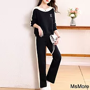【MsMore】 運動套装時髦長袖圓領時尚小個子休閒高腰長褲兩件式套裝# 119400 2XL 黑色