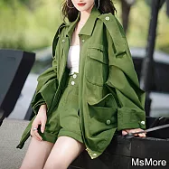 【MsMore】 寬鬆軍工風長袖外套高腰短褲時尚運動風2件式套裝# 119425 M 軍綠色