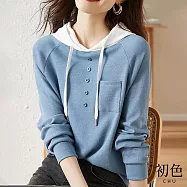 【初色】圓領寬鬆鈕扣裝飾胸前口袋連帽T恤上衣-淺藍色-64632(M-2XL可選) M 淺藍色
