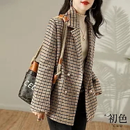 【初色】千鳥格中長西裝外套毛呢大衣-卡其色-65231(M-2XL可選) M 卡其色