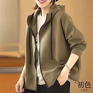 【初色】素色寬鬆休閒抽繩連帽夾克拉鍊外套-豆綠色-65165(M-2XL可選) L 豆綠色