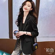 【初色】純色西裝領雙排釦後開衩口袋長袖女西裝外套-共3色-30367(M-2XL可選) 2XL 黑色