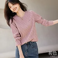 【初色】氣質百搭長袖圓領V領T恤上衣-14款任選-30281(M-2XL/F可選) L C.藕粉色