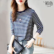 【初色】休閒百搭印花長袖圓領翻領連帽T恤上衣-15款任選-30492(M-2XL可選) M K.藏青色