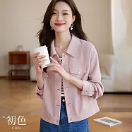 【初色】小香風休閒口袋襯衫領翻領排扣玫瑰繡花刺繡長袖寬鬆顯瘦短款夾克上衣外套-粉色-30336(M-2XL可選) XL 粉色