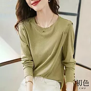 【初色】文藝簡約圓領素色排釦顯瘦長袖T恤上衣-綠色-30377(M-2XL可選) 2XL 綠色