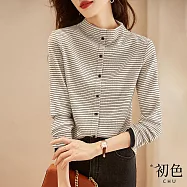【初色】寬鬆撞色細條紋半高圓領單排釦長袖T恤女上衣-杏色-30375(M-2XL可選) M 杏色