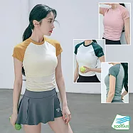 【BODYAIR嚴選】撞色落肩抽摺小腰短上衣(瑜珈.慢跑.健身) S 黑白