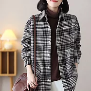 【ACheter】 格子襯衫大碼外套時尚長袖中長版襯衫上衣# 119013 L 黑色