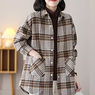 【ACheter】 格子襯衫大碼外套時尚長袖中長版襯衫上衣# 119013 2XL 卡其色