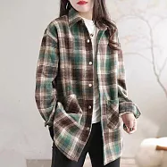 【ACheter】 格子襯衫大碼外套時尚長袖中長版襯衫上衣# 119013 M 綠色