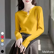 【MsMore】 V領珍珠扣内搭修身長袖毛衣針織衫短版上衣# 119489 FREE 黃色