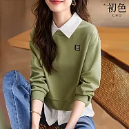 【初色】假兩件式撞色拼接方形笑臉刺繡大學T上衣-綠色-30531(M-2XL可選) M 綠色