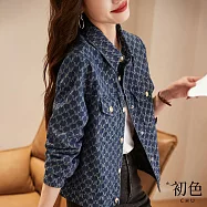 【初色】長袖翻領金屬排釦花紋牛仔短款夾克外套-藍色-30440(M-2XL可選) M 藍色