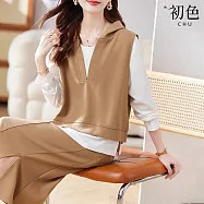 【初色】兩件式V領連帽背心與白色長袖上衣+半身裙三件套裝-共2色-30463(M-2XL可選) M 卡其色
