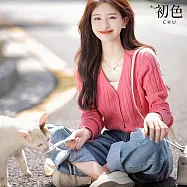 【初色】V領粗條紋針織長袖外衫上衣-共2色-30570(M-XL可選) M 紅色