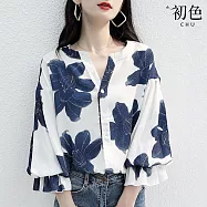【初色】開V領印花雪紡衫荷葉長袖上衣-藏藍花-30755(M-2XL可選) M 藏藍花