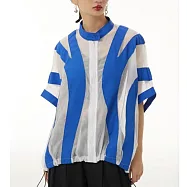 O-ni O-ni初秋新款100%棉立領設計師款透視撞色顯瘦大碼舒適透氣休閒襯衫外套兩用款(品質保證)(S-8958) FREE 藍/白色