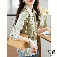 【初色】文藝撞色條紋拼接長袖襯衫上衣+V領幾何編織紋金屬扣飾針織背心馬甲套裝-綠色-30707(M-2XL可選) XL 綠色