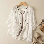【ACheter】 文藝V領刺繡蘆麻感七分袖寬鬆顯瘦薄款短版上衣# 119662 M 白色
