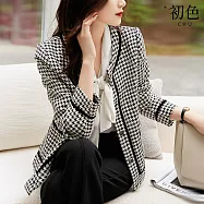 【初色】小香風復古千鳥格印花長袖圓領方扣西裝外套-黑色-30671(M-2XL可選) M 黑色