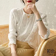 【初色】清涼感文藝棉麻風花草刺繡幾何鏤空木耳邊涼爽透氣長袖上衣-白色-30489(M-2XL可選) M 白色