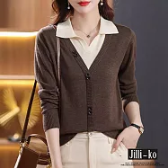 【Jilli~ko】假兩件翻領假扣造型長袖針織衫 J11002 FREE 深咖色