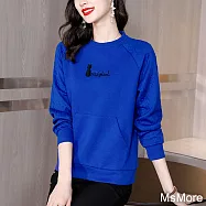 【MsMore】 克萊因藍拼接圓領長袖寬鬆短版上衣# 118861 XL 藍色