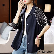 【MsMore】 棋盤格子拼接時尚長袖歐美棒球服中長外套# 119128 XL 藏青色