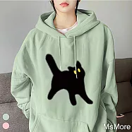 【MsMore】 華棉複合牛奶絲長袖寬鬆黑貓印花連帽T中長上衣# 119211 XL 綠色