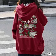 【MsMore】 華棉複合牛奶絲長袖寬鬆背後印花連帽T中長上衣# 119214 3XL 酒紅色