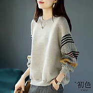 【初色】圓領寬鬆條紋針織休閒長袖T恤上衣-灰色-30490(M-2XL可選) M 灰色