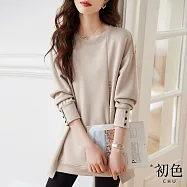 【初色】素色簡約不對稱拼接寬鬆中大尺碼圓領長袖鈕扣裝飾大學T恤上衣-米色-30787(M-2XL可選) M 米色