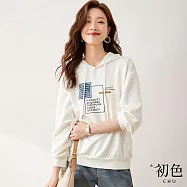 【初色】休閒簡約幾何圖案印花抽繩連帽長袖素色寬鬆大學T恤上衣-白色-30897(M-2XL可選) XL 白色
