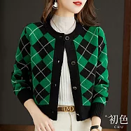 【初色】小香風菱格撞色拼接圓領排扣長袖針織開衫毛衣外搭上衣外套-共2色-30674(F可選) F 綠色