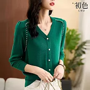 【初色】V領長袖排釦針織開衫外套上衣-共4色-30673(F可選) F 綠色