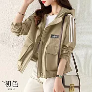 【初色】休閒短版撞色條紋工裝連帽抽繩拉鍊夾克外套-共2色-30941(M-2XL可選) M 卡其色