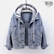 【初色】休閒短款拼接連帽翻領大口袋牛仔夾克外套-淺藍色-30938(M-2XL可選) M 淺藍色
