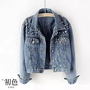 【初色】休閒百搭釘珠短款翻領長袖牛仔夾克外套-共2色-30936(M-2XL可選) M 藍色
