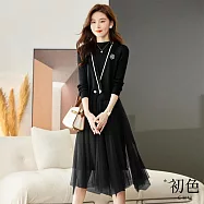 【初色】山茶花V領短版無袖針織外套+中高領長袖螺紋假兩件網紗中長連衣裙洋裝套裝-共3色-30976(F可選) F 黑色