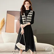 【初色】V領菱形珍珠無袖針織背心外套+半高圓領拼接網紗長袖中長裙連身裙洋裝套裝-共3色-31106(F可選) F 黑色