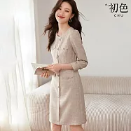【初色】圓領氣質小香風長袖金釦連身裙洋裝-燕麥色-30960(M-2XL可選) XL 燕麥色