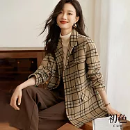 【初色】復古風格紋假口袋中性平口領長袖大衣西裝外套-駝色-30982(M-2XL可選) M 駝色