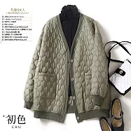 【初色】中大碼V領復古菱格紋大口袋中長款加厚大衣外套-共4色-30983(M-2XL可選) M 綠色