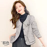 【初色】復古小香風粗花毛呢肌理感針織圓領排扣長袖上衣外套-黑白色-30520(M-2XL可選) M 黑白色