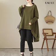 【AMIEE】OVERSIZE設計感圓弧下擺長袖上衣(3色/FREE/KDTQ-3832B) F 軍綠