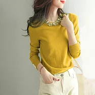 【MsMore】 高端氣質重工釘珠長袖針織衫純色寬鬆圓領修身短版上衣# 119456 FREE 黃色