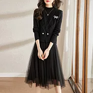 【MsMore】 小香風長袖連身網紗長裙針織背心外罩兩件式套裝# 119496 FREE 黑色