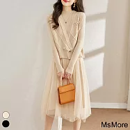 【MsMore】 小香風長袖連身網紗長裙針織背心外罩兩件式套裝# 119496 FREE 米色