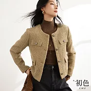 【初色】小香風純色顯瘦單排釦圓領短款長袖外套上衣-卡其色-30788(M-2XL可選) M 卡其色